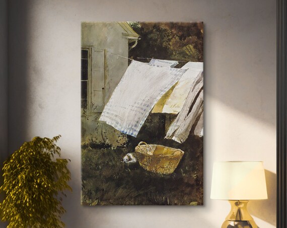Laundry Line Basket Vintage Watercolor Painting Rustic Country Wall Art