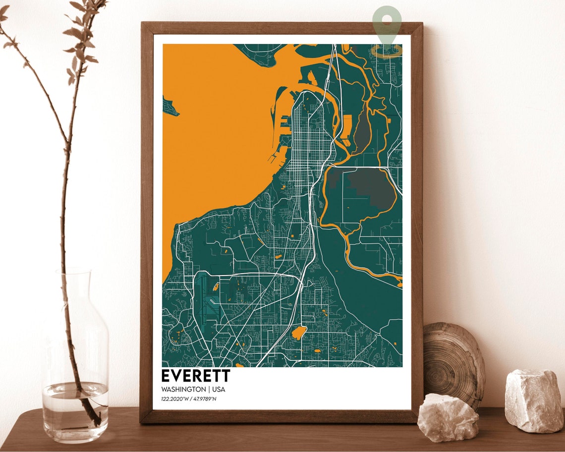Everett Washington Dark Blue Street Map Bright Ocean City Poster - Image 5