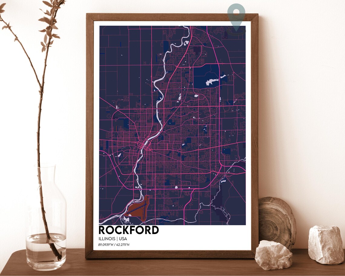 Rockford Illinois Dark Charcoal Street Grid Map Home Decor Poster - Image 2