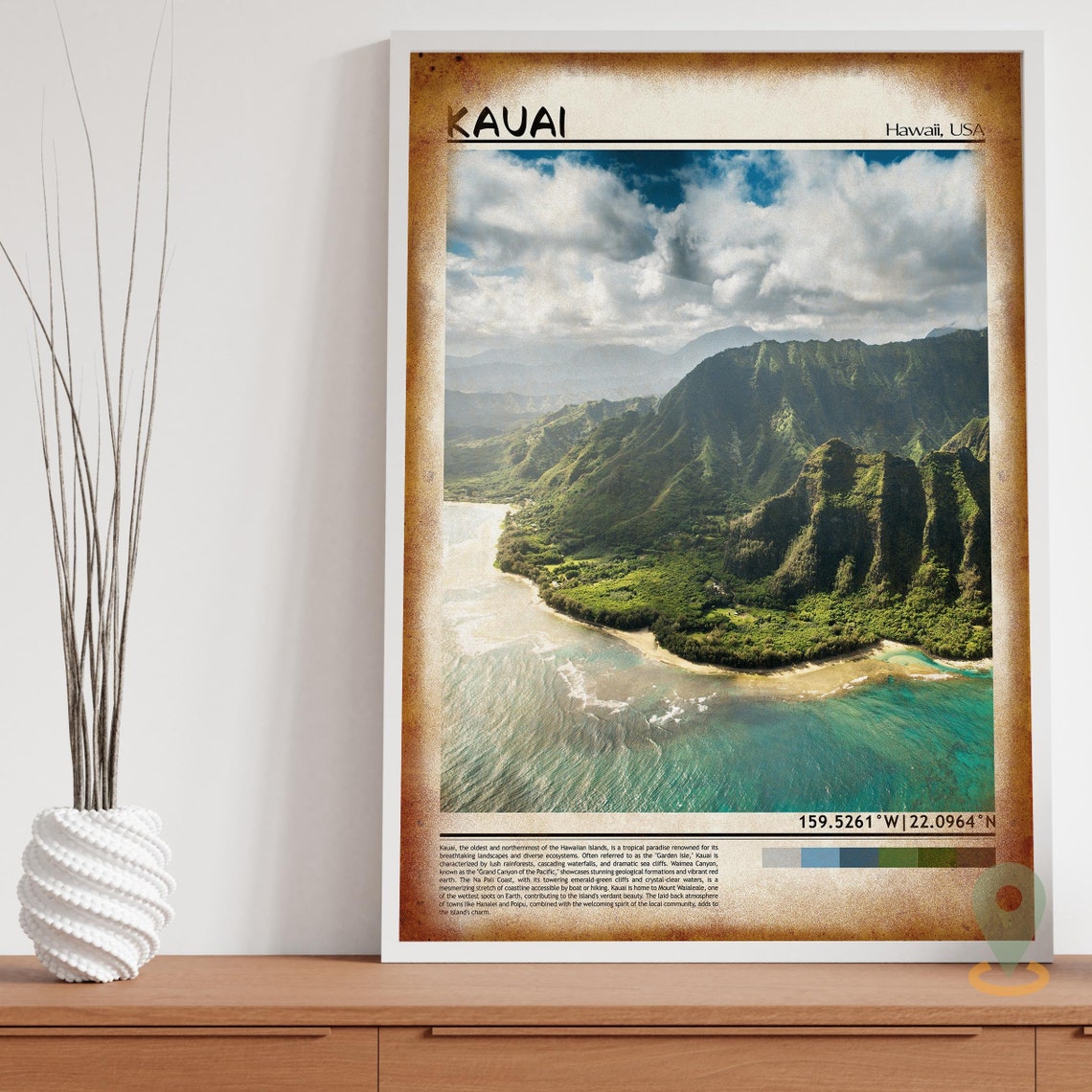 Kauai Hawaii Aerial Emerald Cliffs Ocean Coast Travel Poster - Image 3