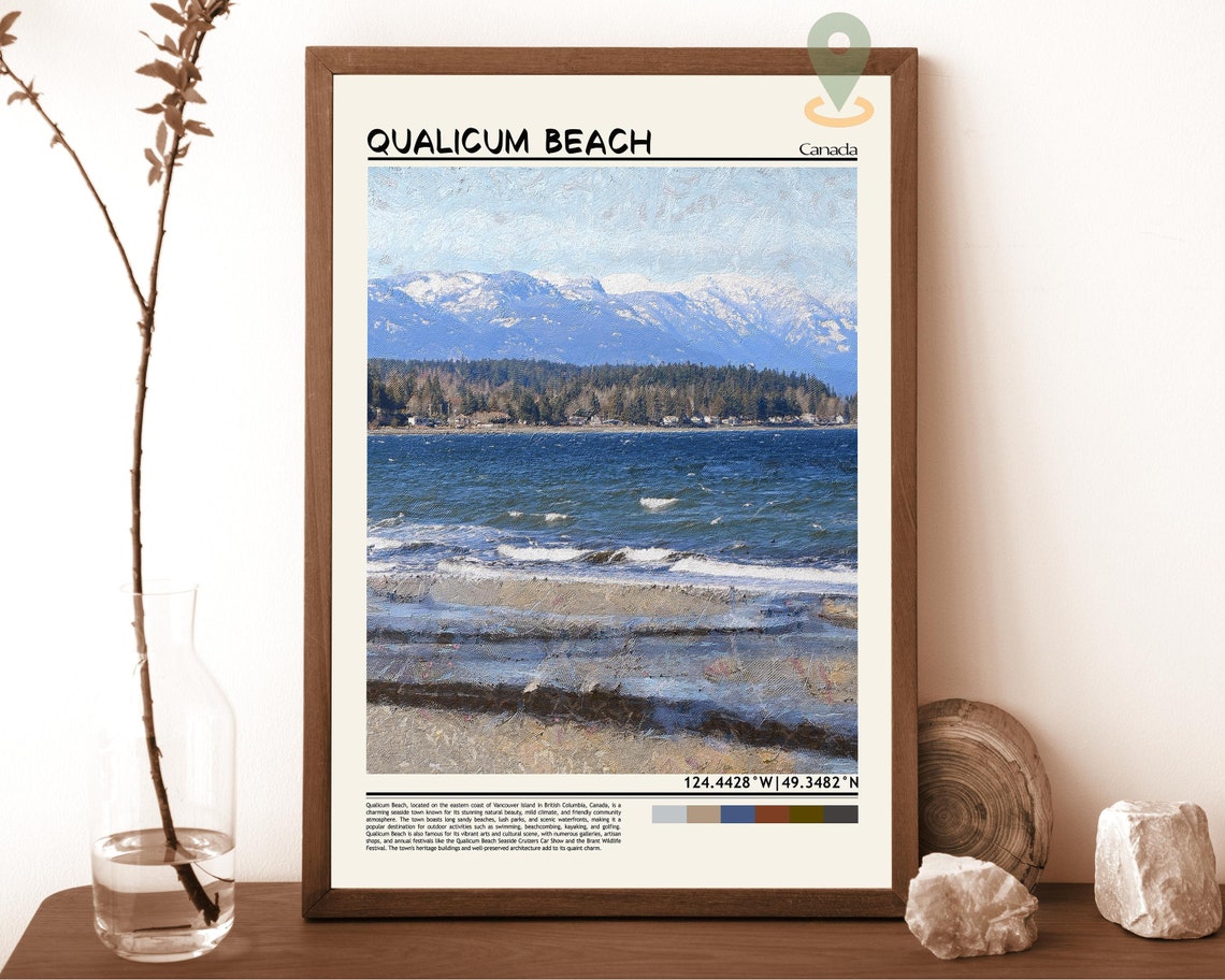 Qualicum Beach Canada Snowy Mountains Ocean Waves Vintage Poster