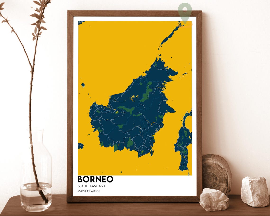 Borneo Southeast Asia Bold Golden Yellow Island Map Art Poster