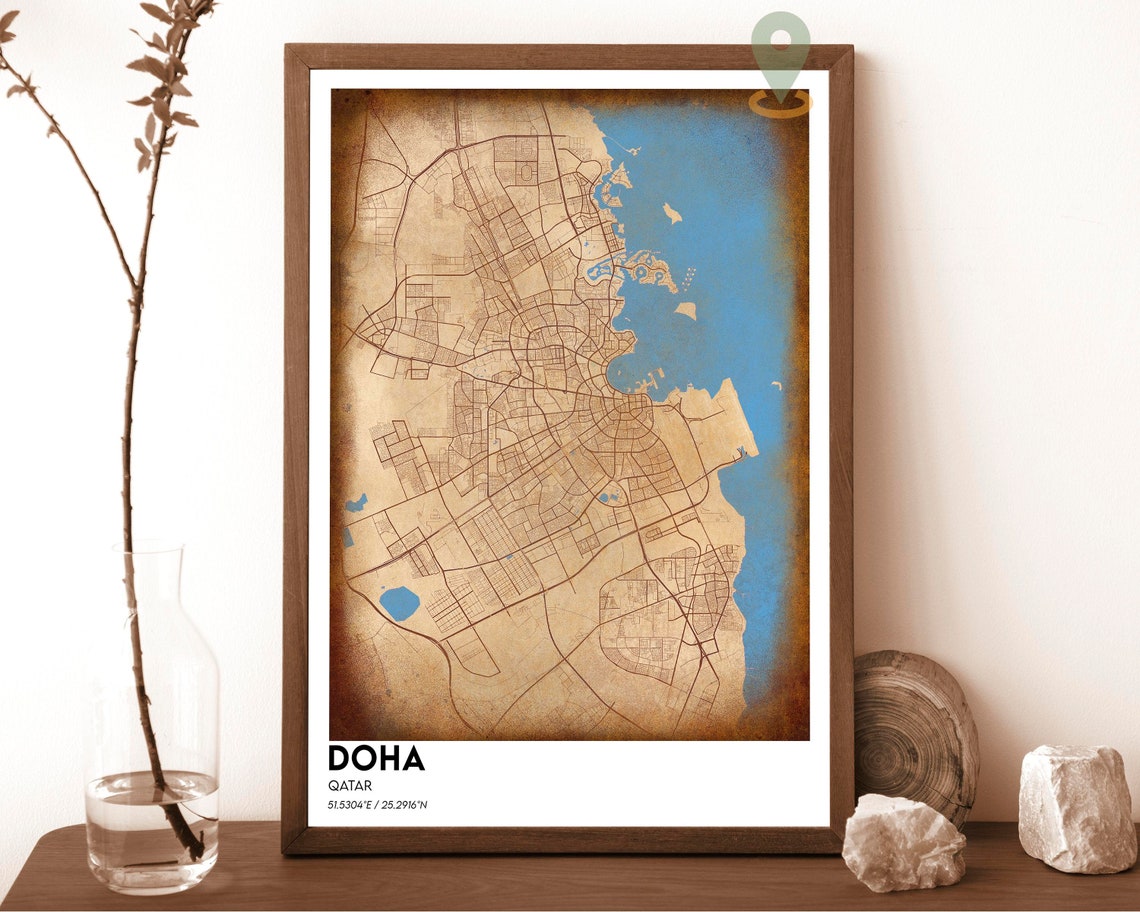 Doha Qatar Charcoal Orange Coastline City Map Modern Art Poster - Image 2