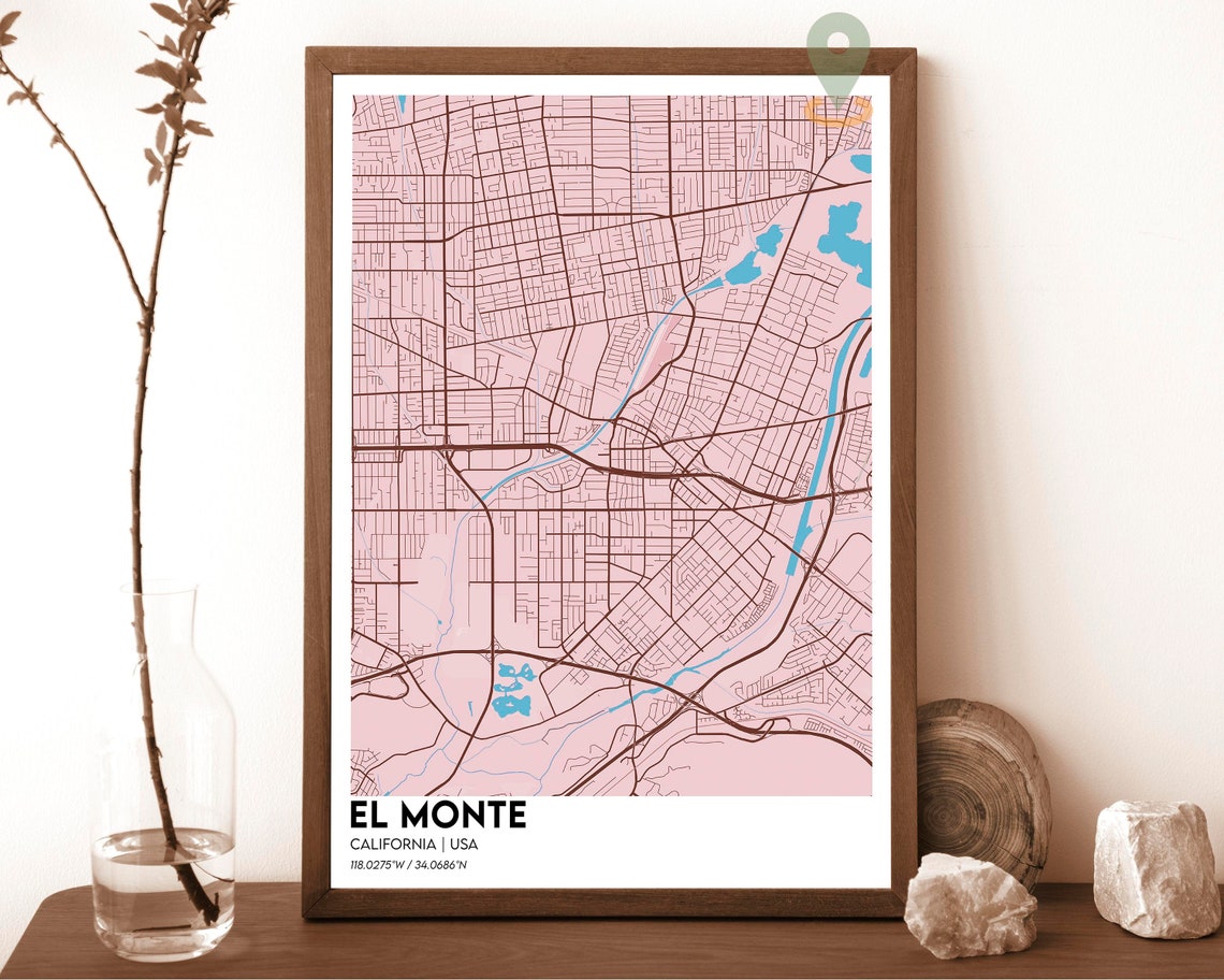 El Monte California USA Burgundy Rose Vintage City Map Poster - Image 3