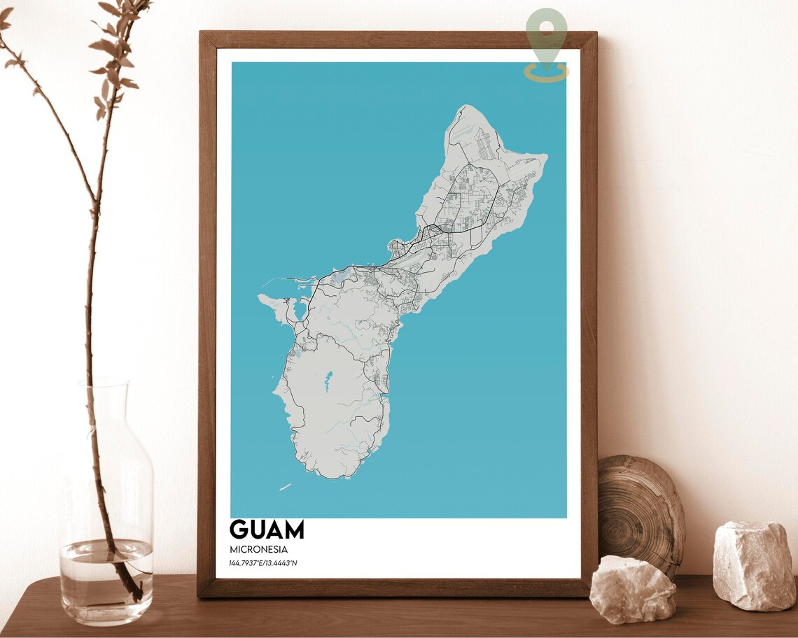Guam Micronesia Navy Blue Island Map Mustard Yellow Travel Poster - Image 4