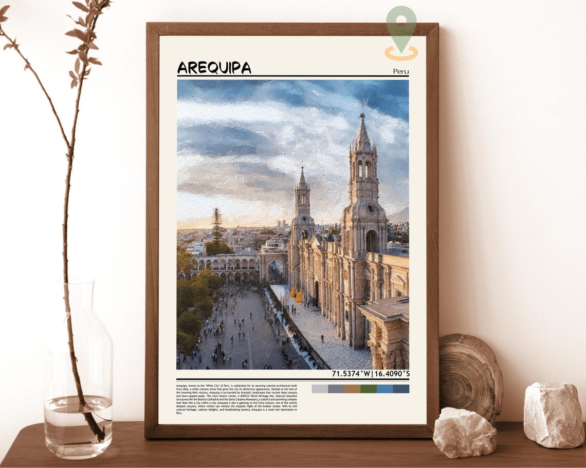 Arequipa Peru White City Cathedral Plaza Sunset Travel Poster