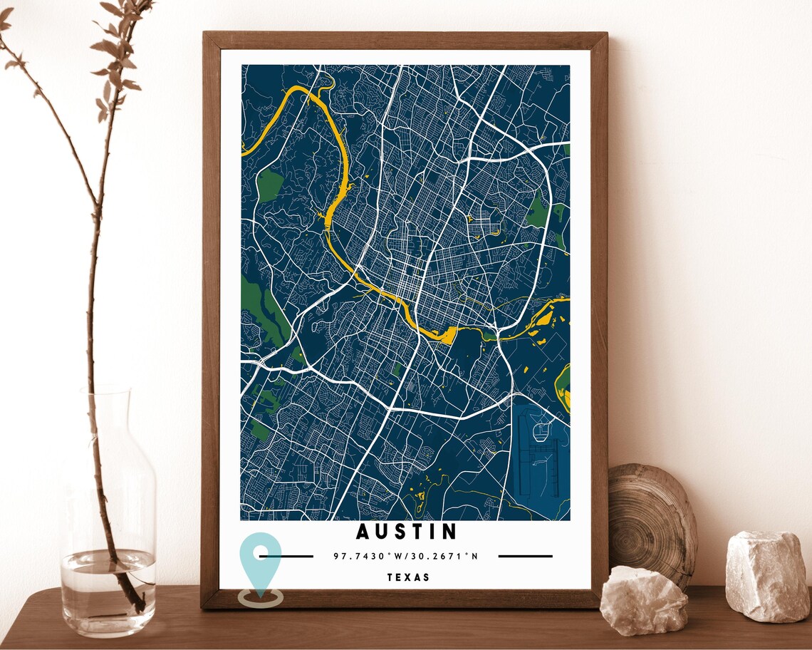 Austin Texas warm beige with a blue river Street Map Coordinates Poster - Image 6