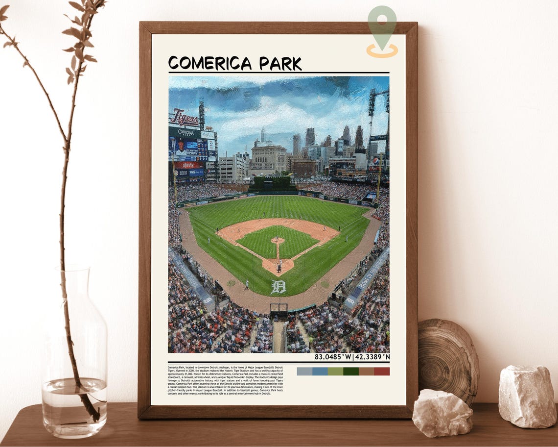 Comerica Park Detroit Tigers Baseball Stadium Watercolor Travel Poster