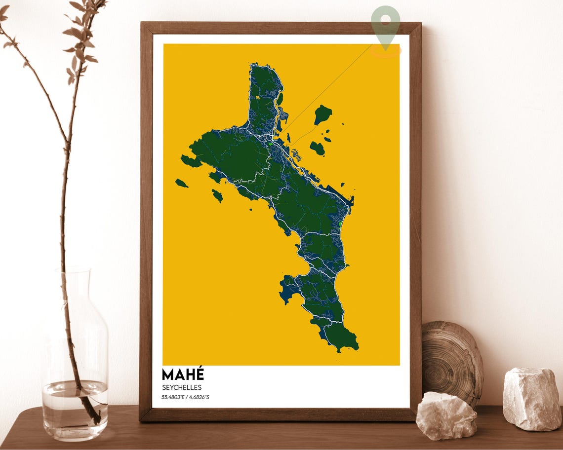 Mahé Seychelles Sunny Island Tropical Green Yellow Map Poster