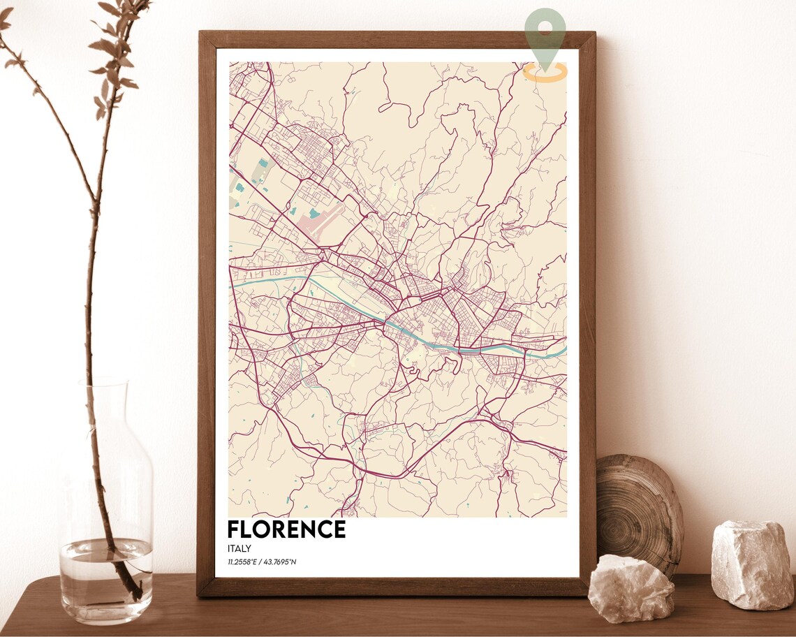 Florence Italy Elegant Cream Burgundy Vintage City Map Street Poster