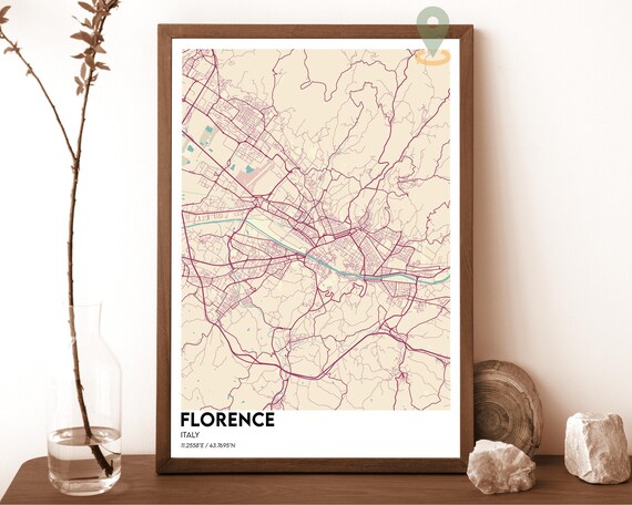 Florence Italy Elegant Cream Burgundy Vintage City Map Street Poster