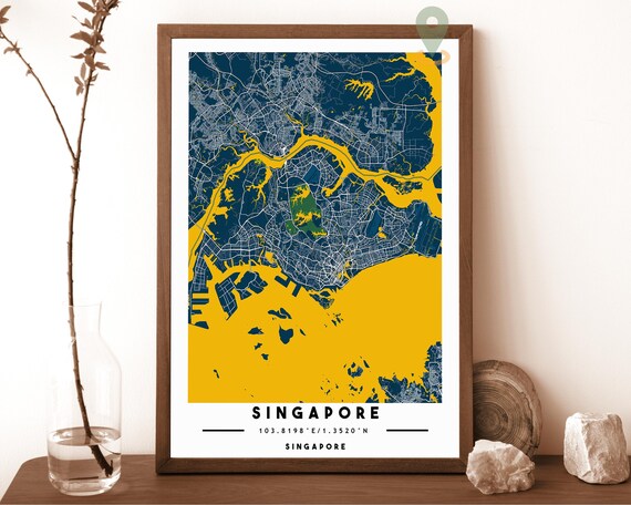 Singapore City Map Art Poster Navy Yellow Modern Travel Decor