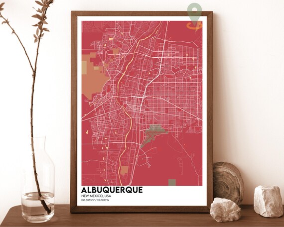 Albuquerque New Mexico City Street Map Red Poster Wall Decor