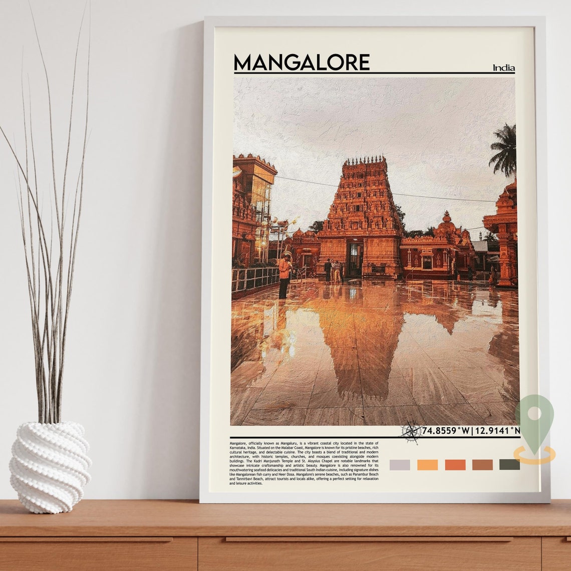 Mangalore India Ancient Temple Tower Wet Courtyard Reflection Poster - Image 3