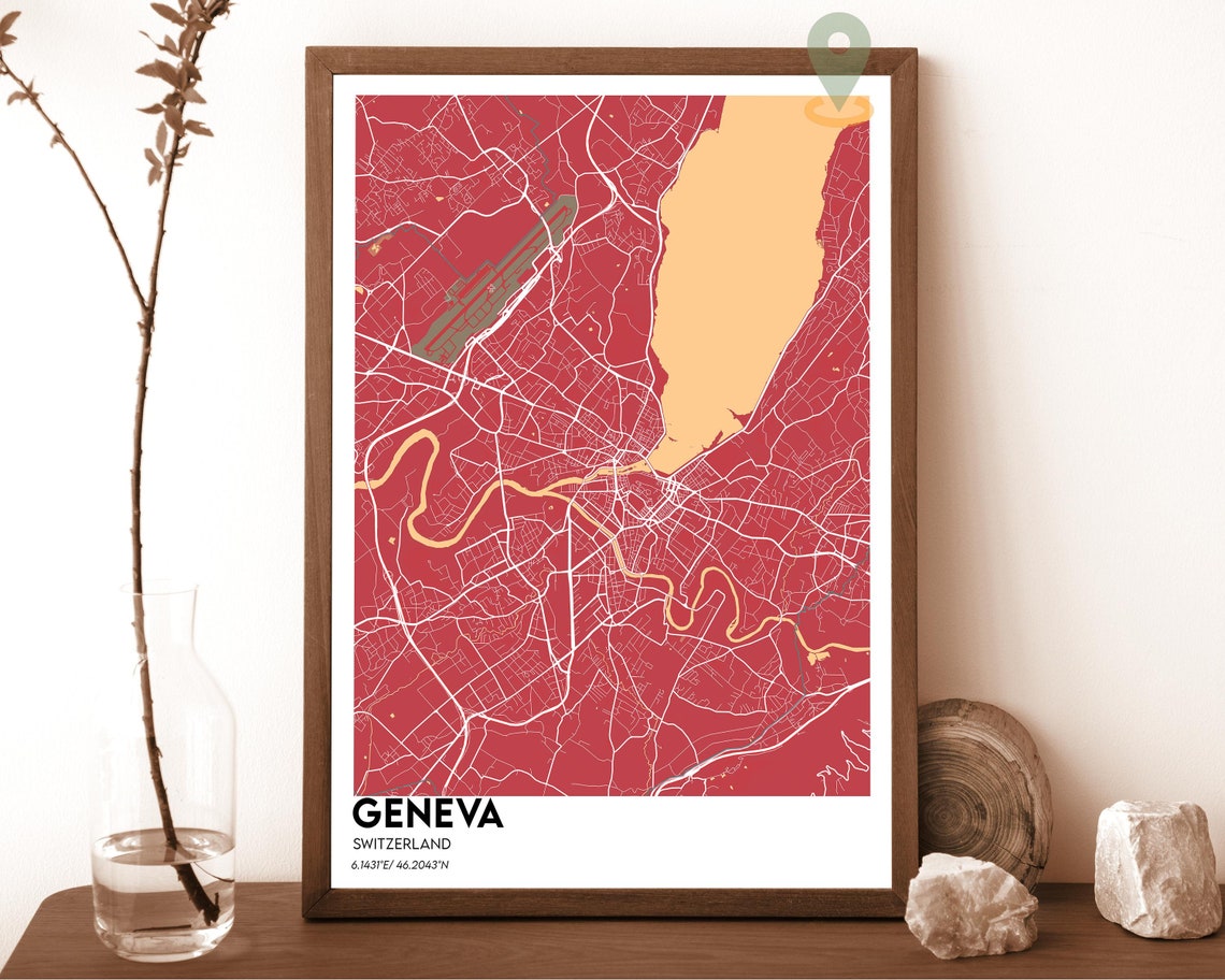 Geneva Switzerland Teal Peach Modern City Map Home Decor Poster - Image 6