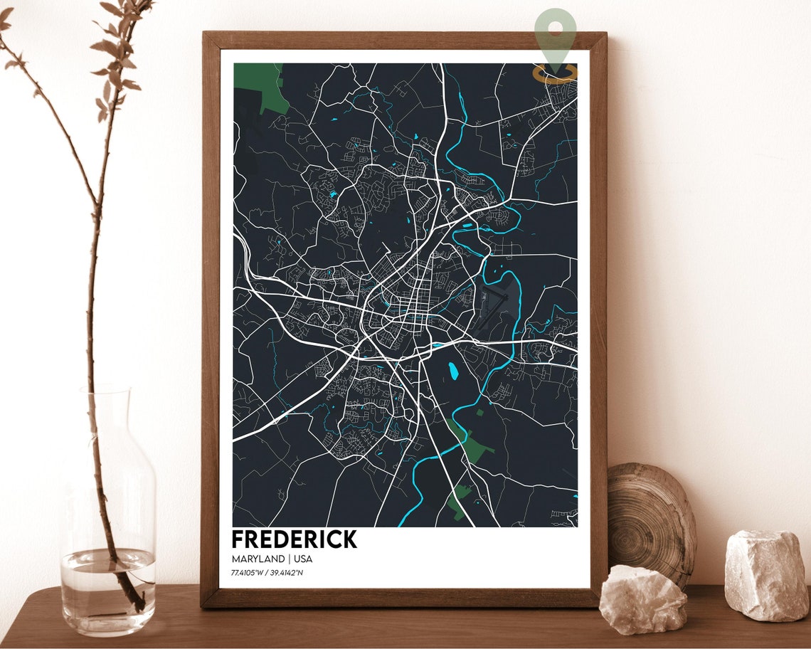 Frederick Maryland Dark Navy Teal City Map Home Decor Poster - Image 5