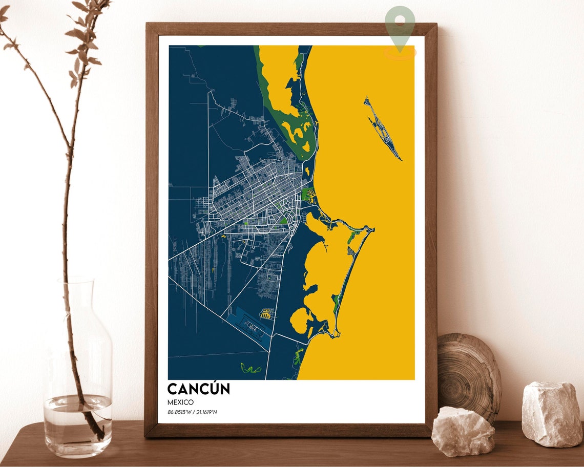 Cancun Mexico Navy Blue Caribbean Coast Modern City Map Design Poster