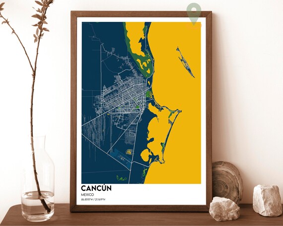 Cancun Mexico Navy Blue Caribbean Coast Modern City Map Design Poster