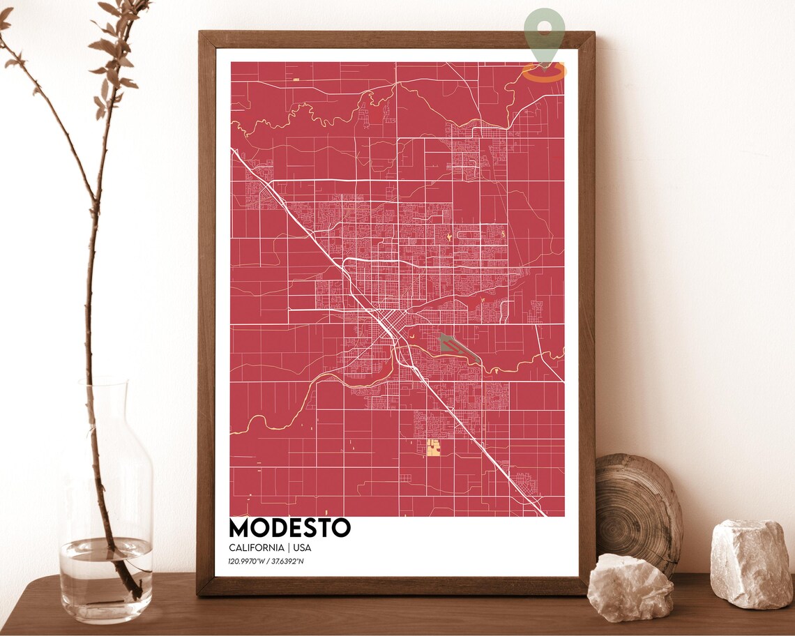 Modesto California midnight blue with teal street lines Street Map Coordinates Poster - Image 3