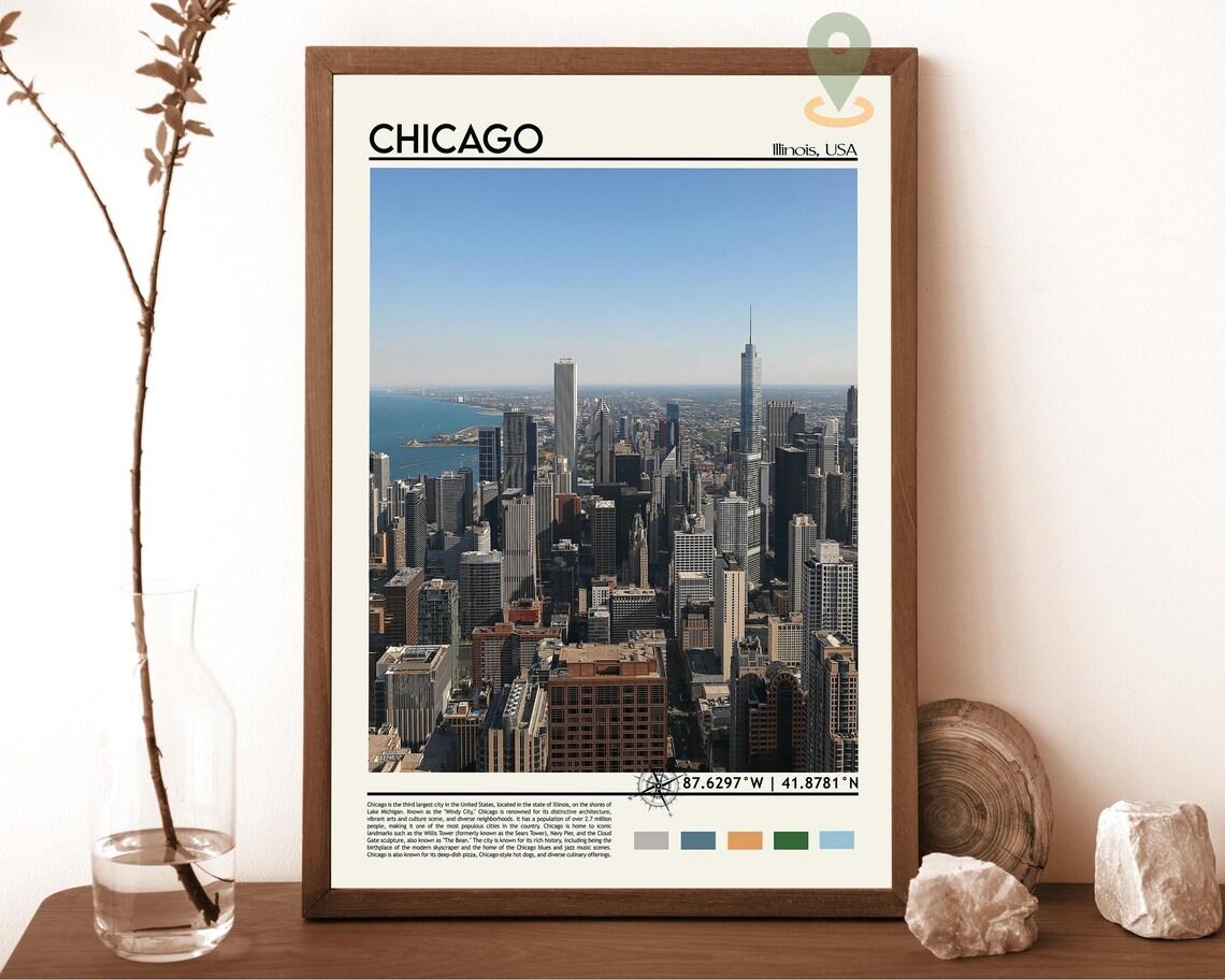 Chicago Illinois Lake Michigan Skyline Aerial Vintage Travel Poster