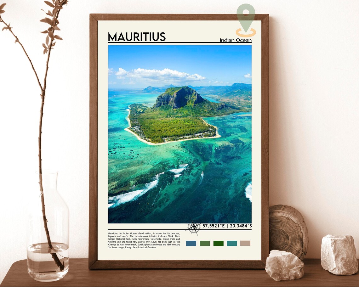 Mauritius Indian Ocean Le Morne Aerial Lagoon View Travel Poster