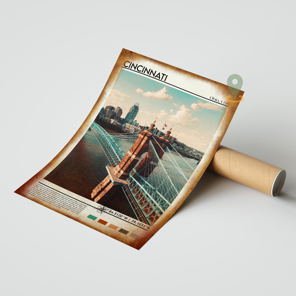 Cincinnati Ohio Roebling Suspension Bridge River Travel Poster - Image 4