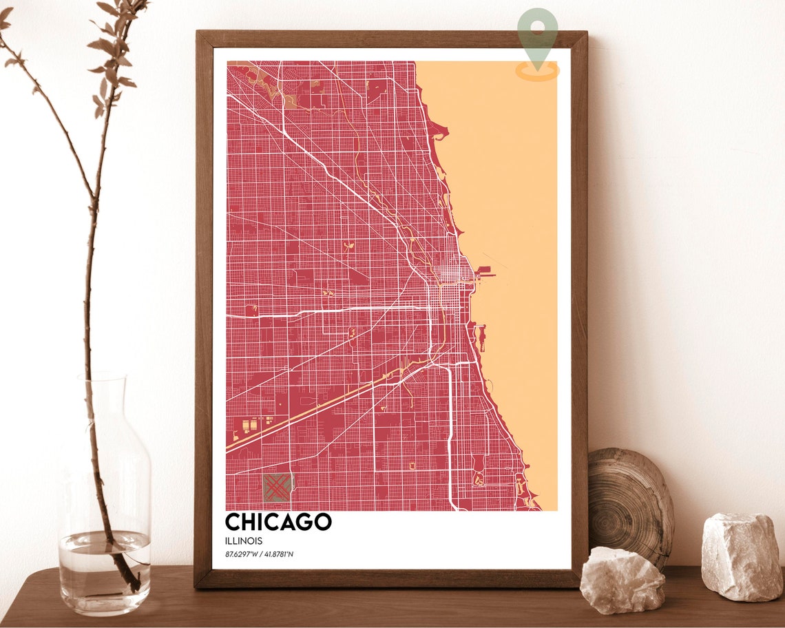 Chicago Illinois Street Map Golden Lake Michigan Navy Grid Art Print - Image 3