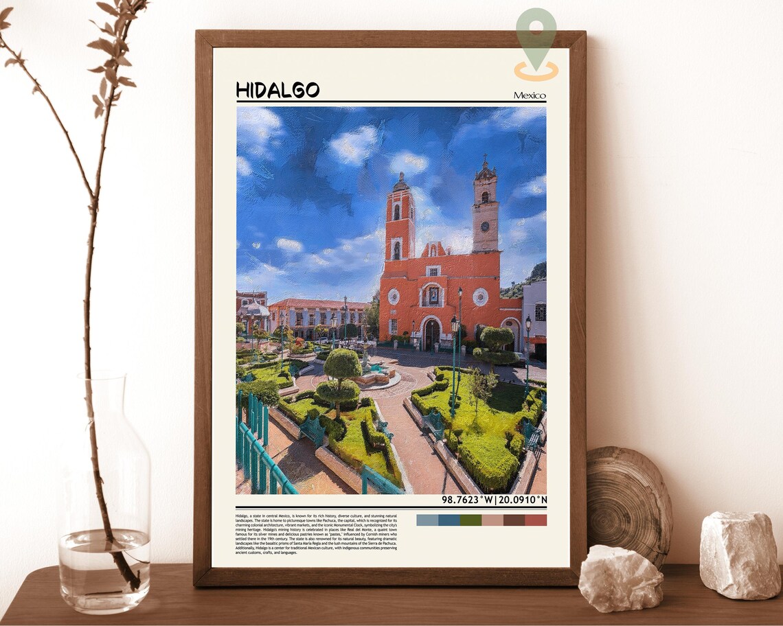 Hidalgo Mexico Glowing Red Church Plaza Colonial Town Travel Poster
