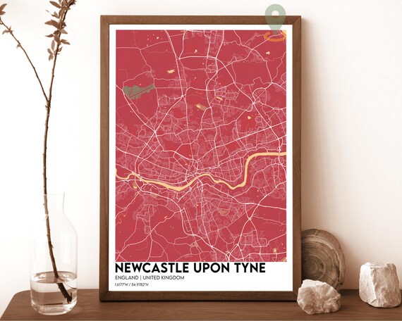 Newcastle upon Tyne England UK Red City Street Map Art Poster