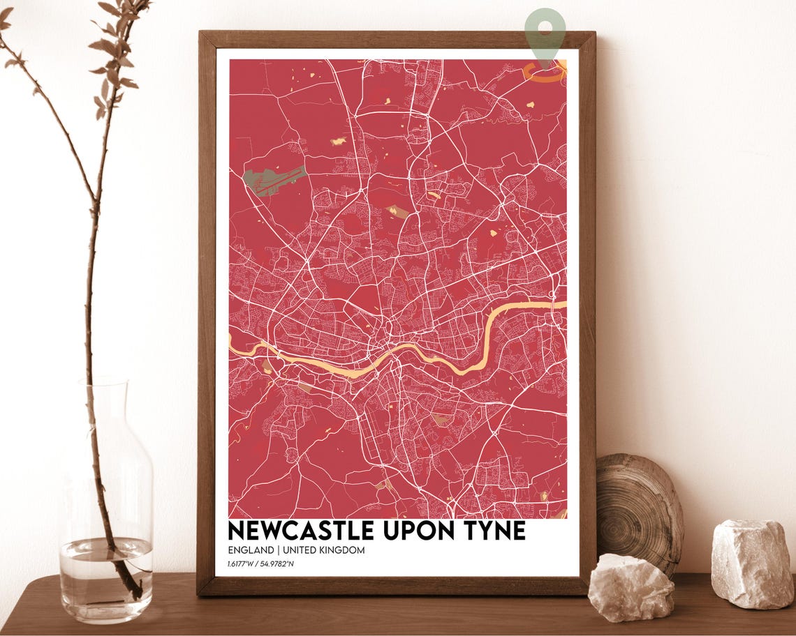 Newcastle upon Tyne England UK Red City Street Map Art Poster