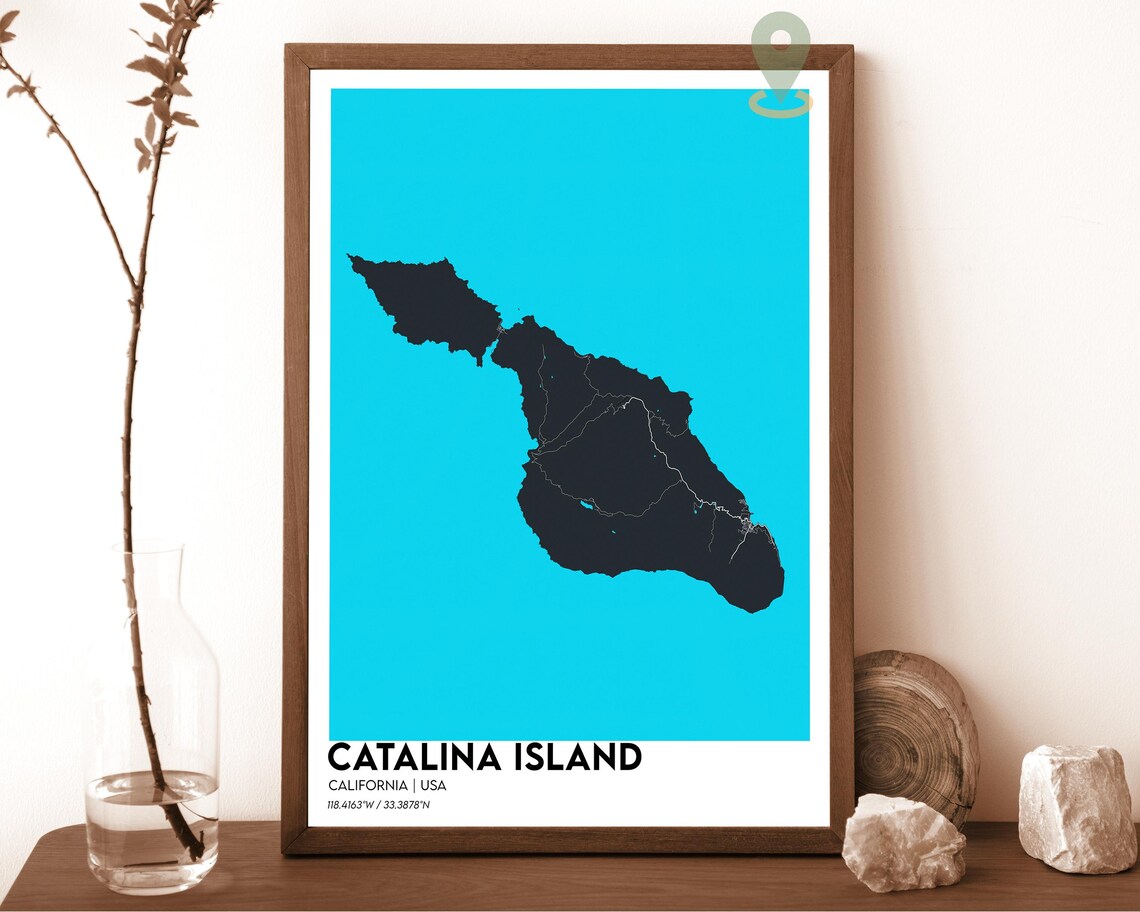 Catalina Island California Minimalist Map Art Cyan Black Travel Poster
