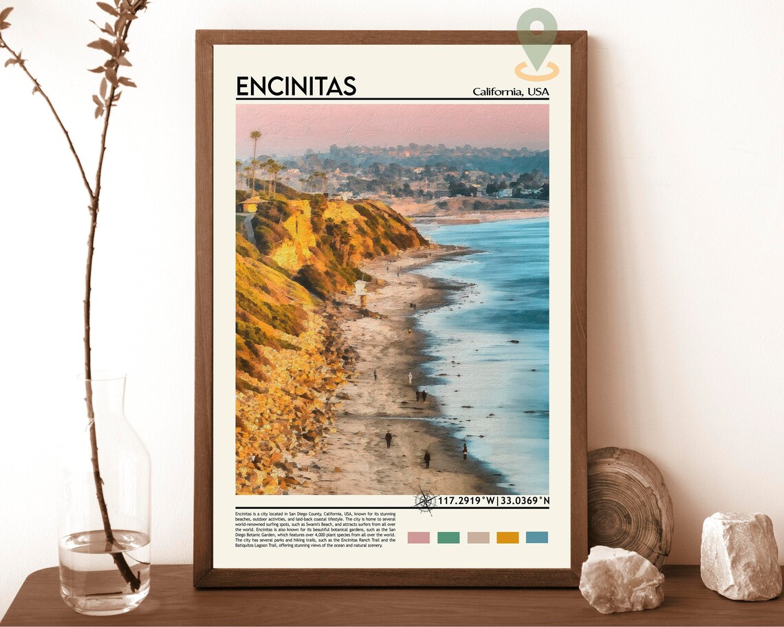 Encinitas California Beach Coast Surf Town Swamis Travel Poster