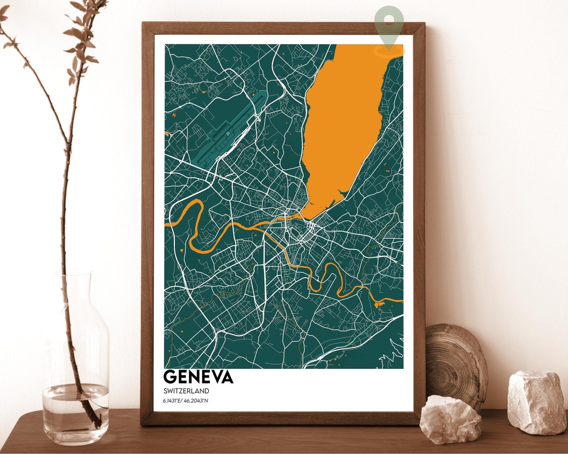 Geneva Switzerland Teal Peach Modern City Map Home Decor Poster - Image 3