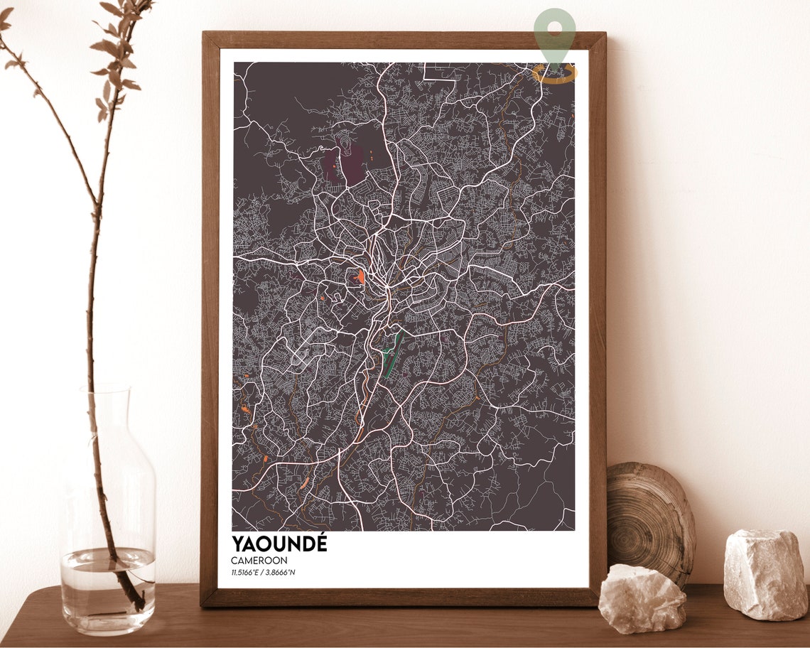 Yaounde Cameroon Striking Rose Red Modern City Map Art Poster - Image 3