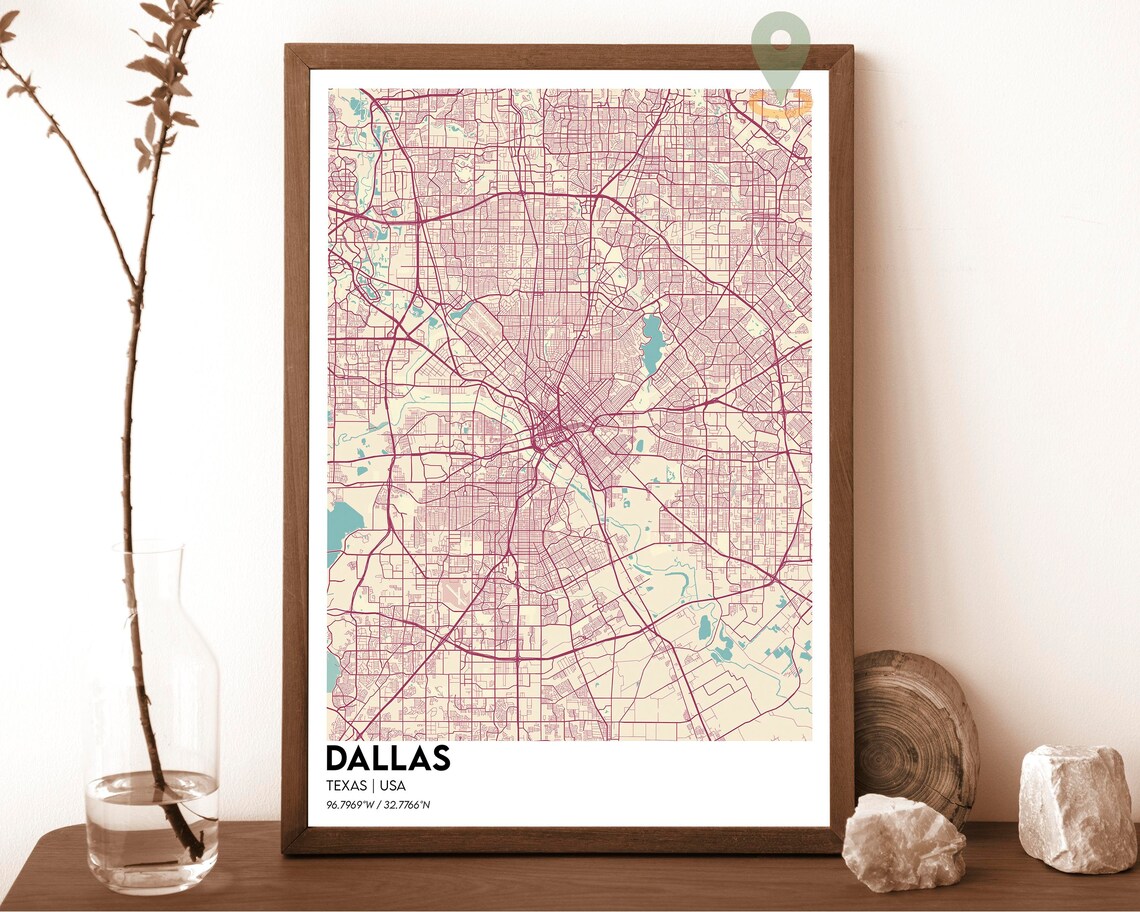 Dallas Texas Cream Maroon Modern City Map Street Grid Art Poster