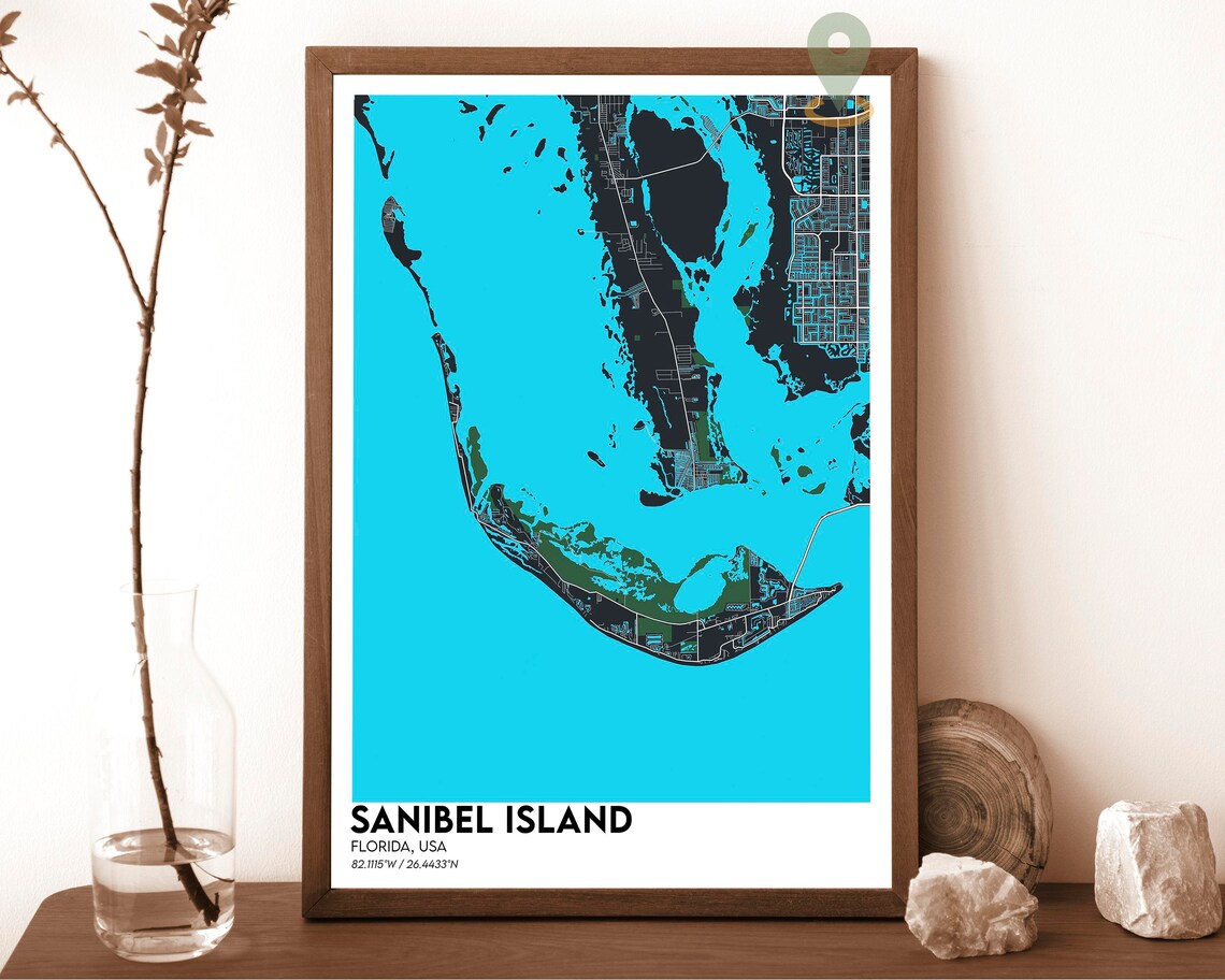Sanibel Island Florida City Map Poster Peach Navy Coastal Art - Image 6