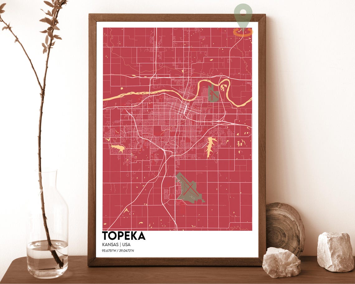 Topeka Kansas Striking Elegant Navy Blue Modern City Map Art Poster - Image 4
