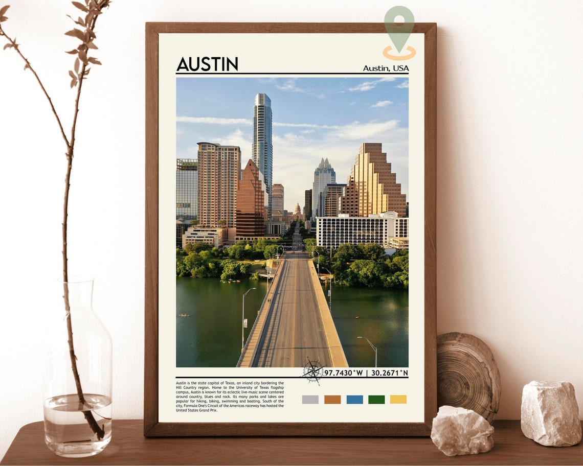 Austin Texas Downtown City Skyline Bridge Vintage Travel Poster