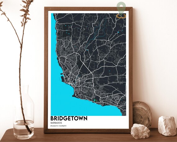 Bridgetown Barbados Caribbean Dark Turquoise Coast Map Poster
