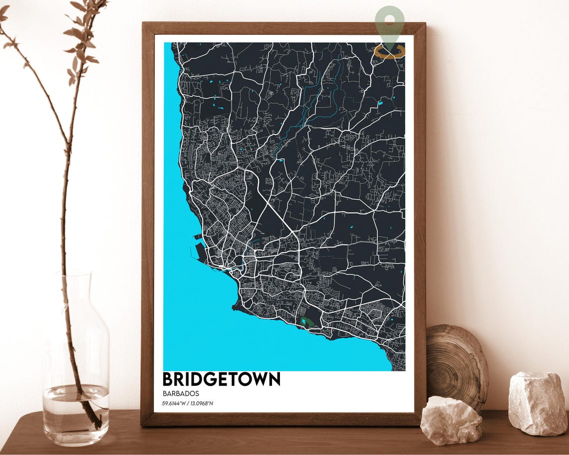 Bridgetown Barbados Caribbean Dark Turquoise Coast Map Poster