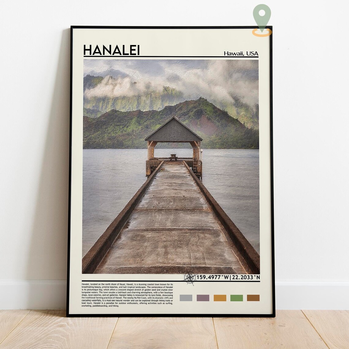 Hanalei Hawaii Kauai Pier Mountains Misty Coastal Travel Poster - Image 2