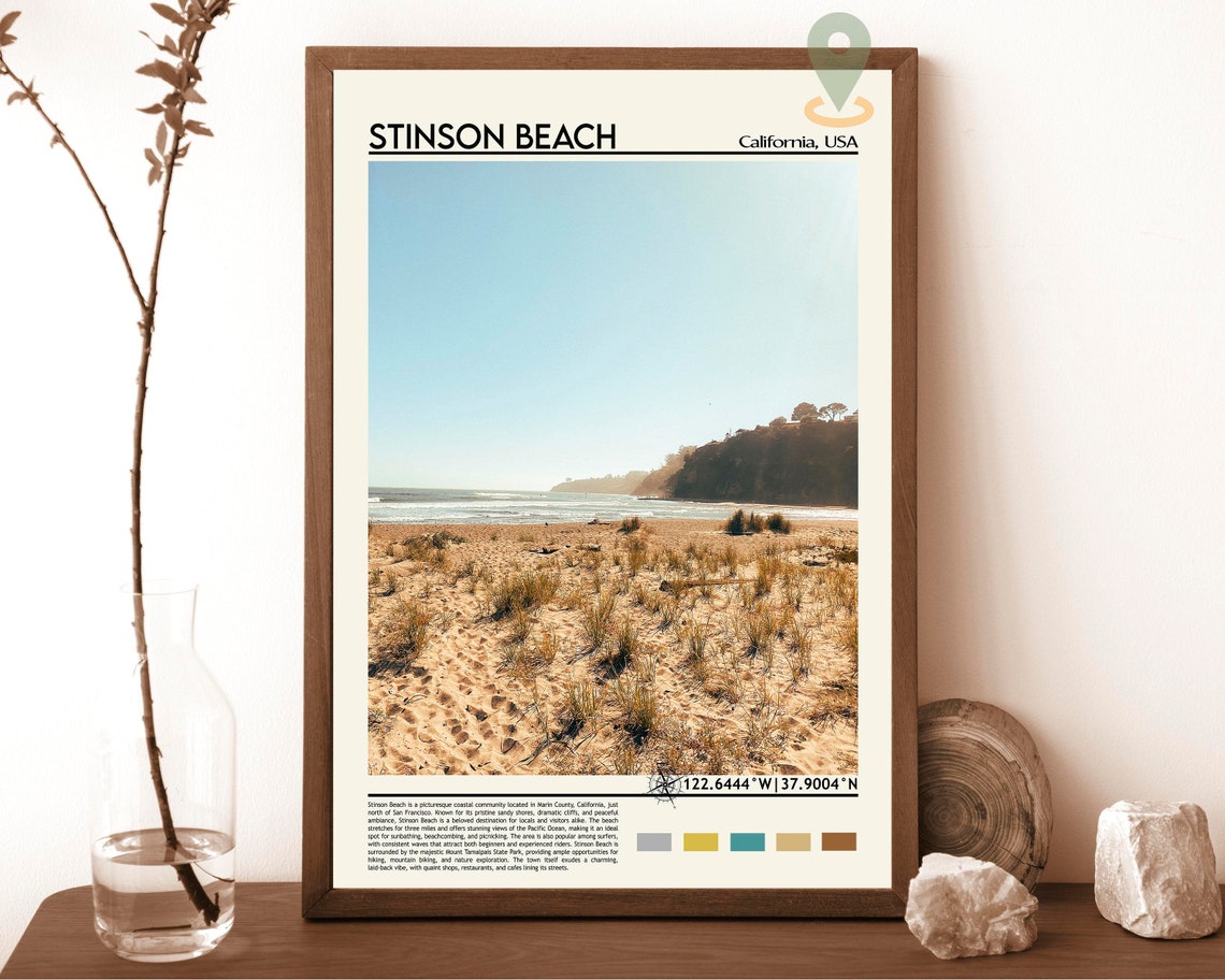 Stinson Beach California Sunny Golden Coast Cliffs Travel Poster
