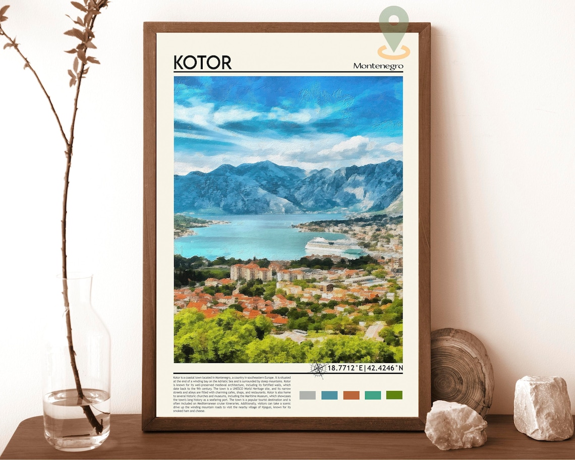Kotor Montenegro Bay of Kotor Watercolor Travel Poster Mountains