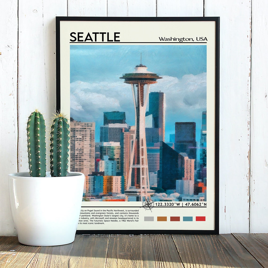Seattle Washington Space Needle Painted Skyline Travel Poster - Image 2