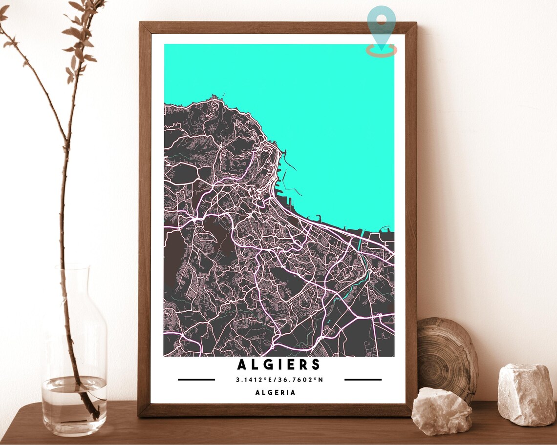 Algiers Algeria navy with a pale cream coast Street Map Coordinates Poster - Image 3