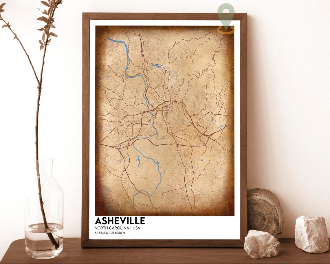 Asheville North Carolina USA Sepia Vintage Style City Map Poster