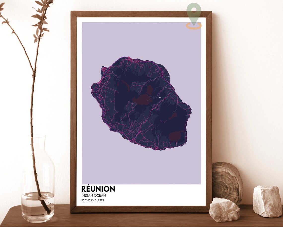 Réunion Indian Ocean Cream Minimalist Island Map Poster on Teal - Image 2