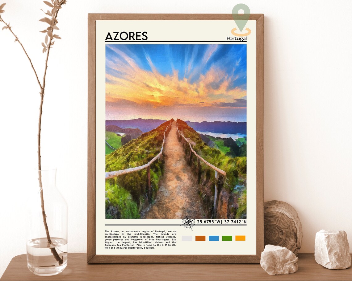 Azores Portugal Sunset Crater Lakes Volcanic Vista Travel Poster