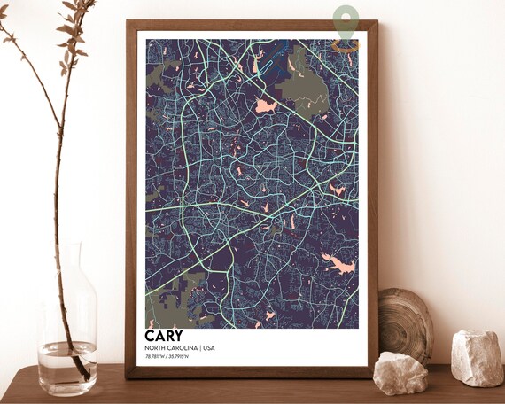 Cary North Carolina City Map Poster Minimalist Navy Street Art