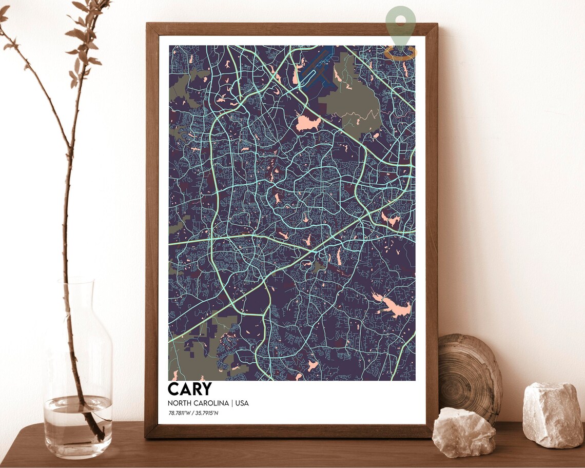 Cary North Carolina City Map Poster Minimalist Navy Street Art